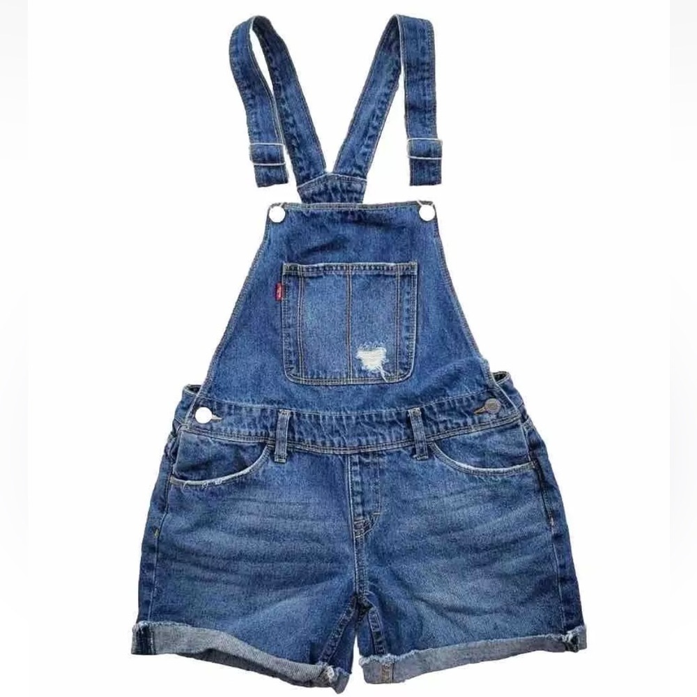 Levis Shortalls Blue Bib Shorts Girls 12R 29x4 Distressed Med Wash Cotton Denim